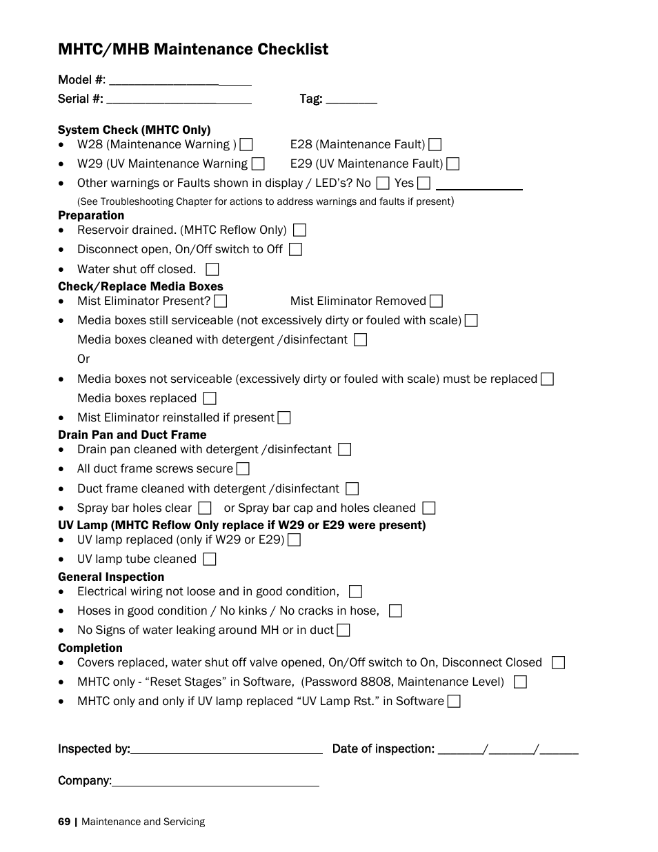 Mhtc/mhb maintenance checklist | Nortec MH Series User Manual | Page 72 / 94