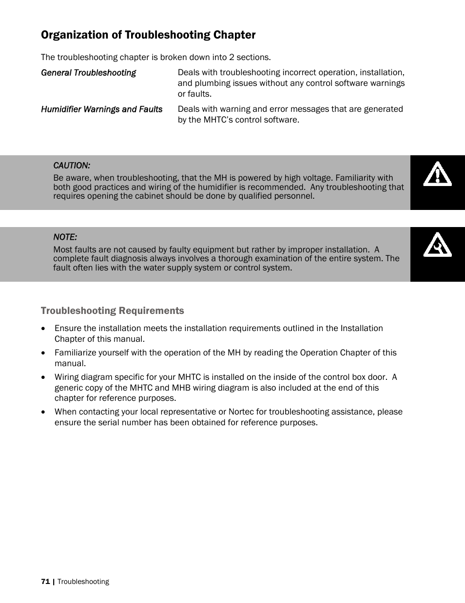 Organization of troubleshooting chapter | Nortec MH Series User Manual | Page 74 / 94