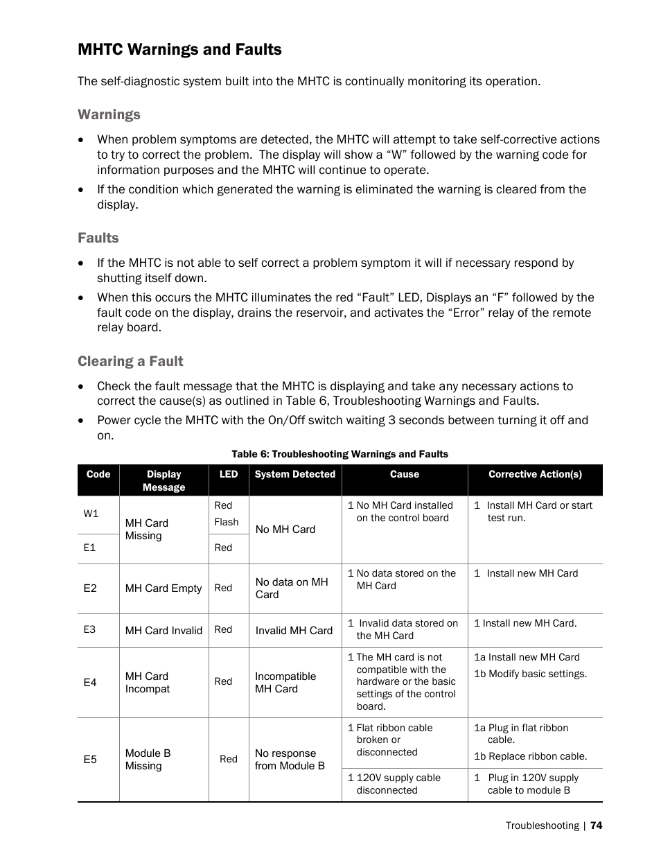 Mhtc warnings and faults, Warnings, Faults | Clearing a fault | Nortec MH Series User Manual | Page 77 / 94