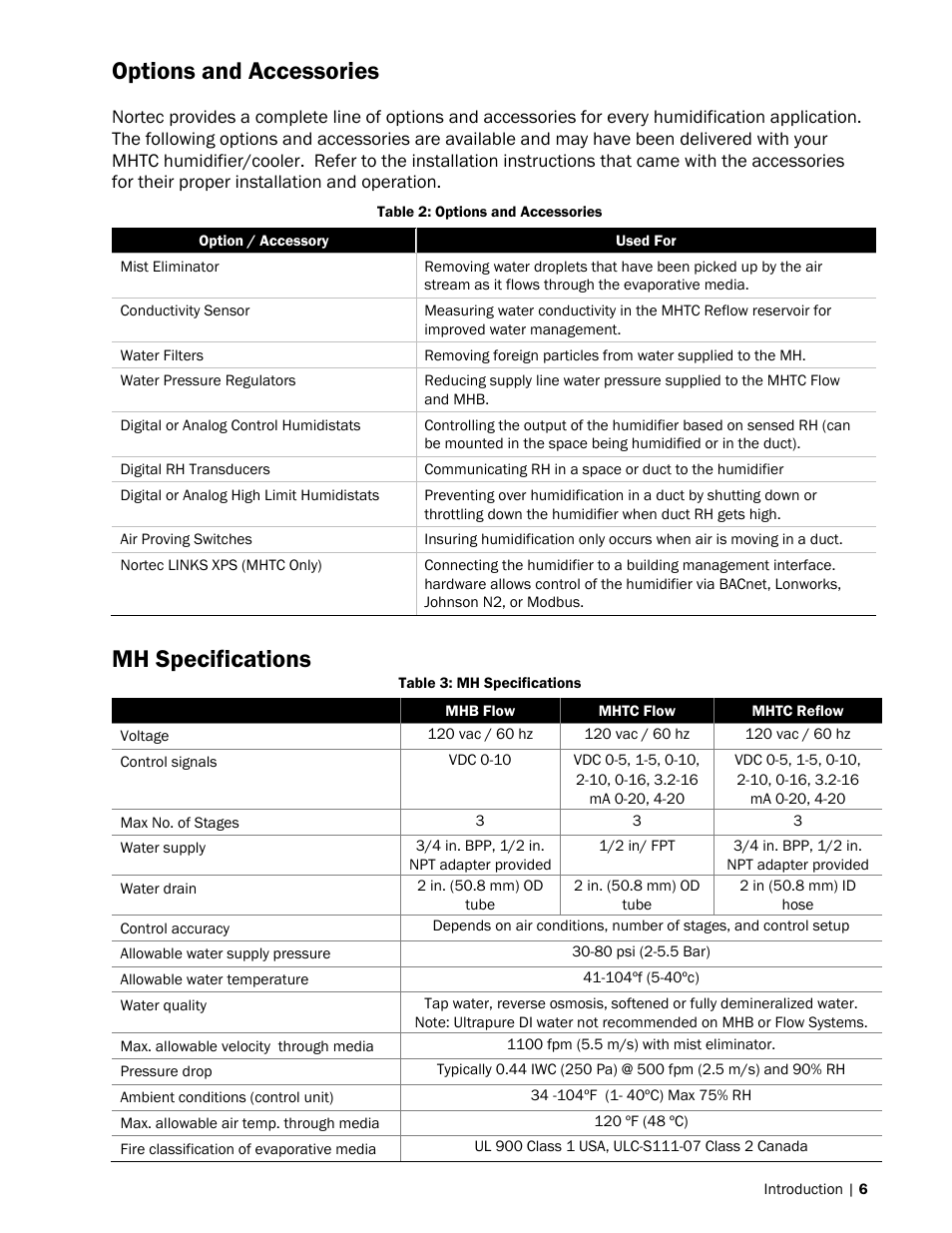 Options and accessories, Mh specifications | Nortec MH Series User Manual | Page 9 / 94