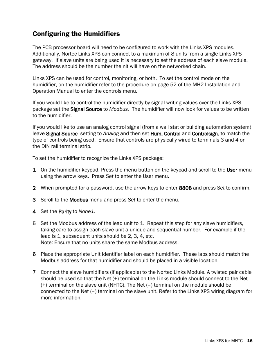 Configuring the humidifiers | Nortec LINKS XPS MH User Manual | Page 19 / 68