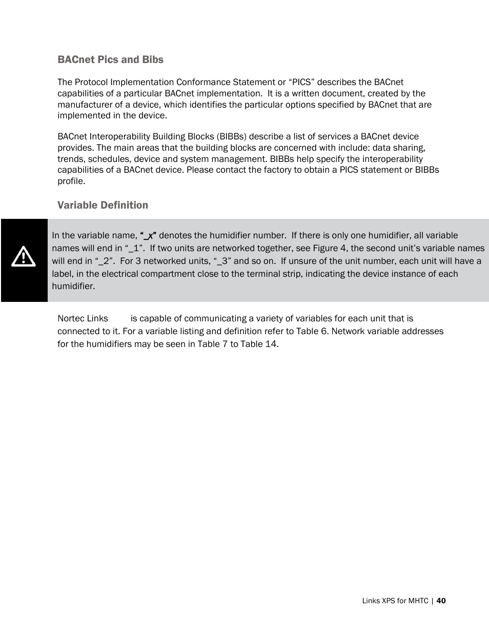 Bacnet pics and bibs, Variable definition | Nortec LINKS XPS MH User Manual | Page 43 / 68