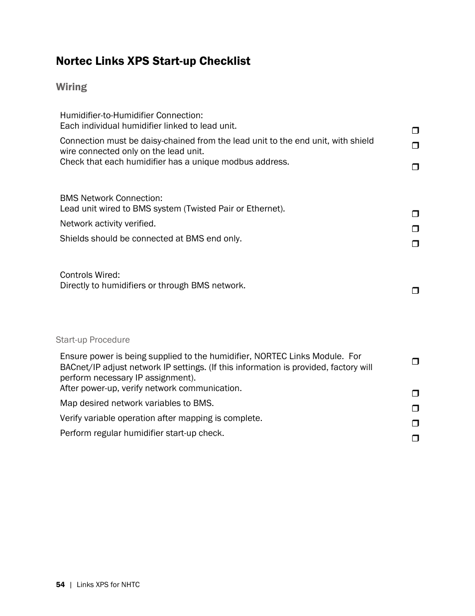 Nortec links xps start-up checklist | Nortec LINKS XPS MH User Manual | Page 57 / 68