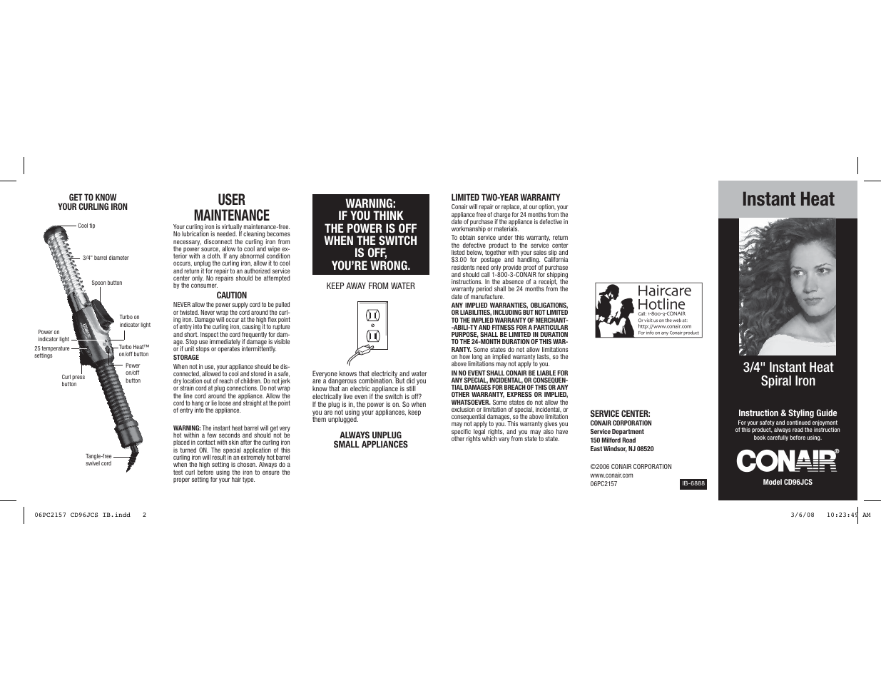 Instant heat, User maintenance, 3/4" instant heat spiral iron | Conair CD96JCS User Manual | Page 2 / 2