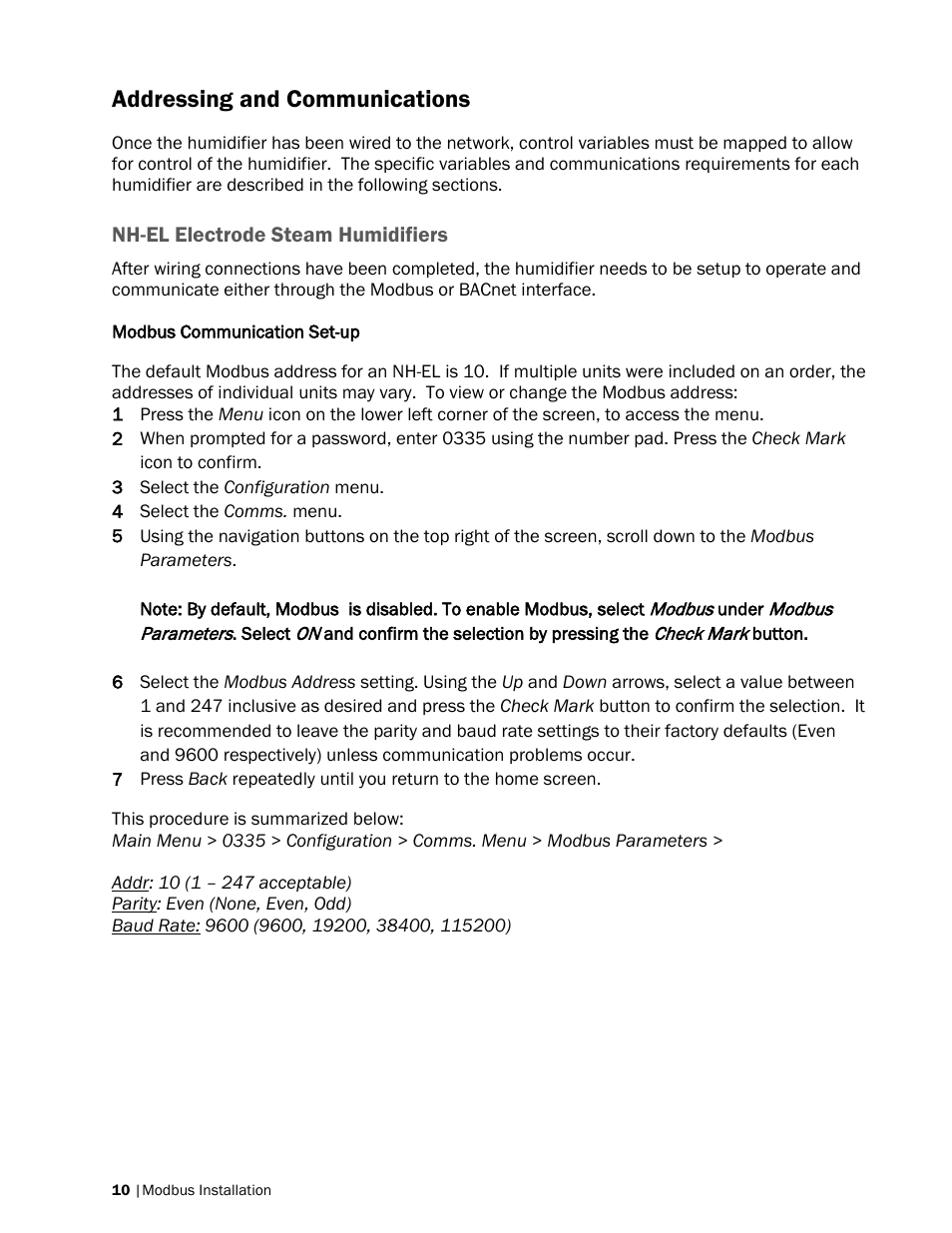 Addressing and communications, Nh-el electrode steam humidifiers, Modbus communication set-up | Nortec Modbus User Manual | Page 13 / 52