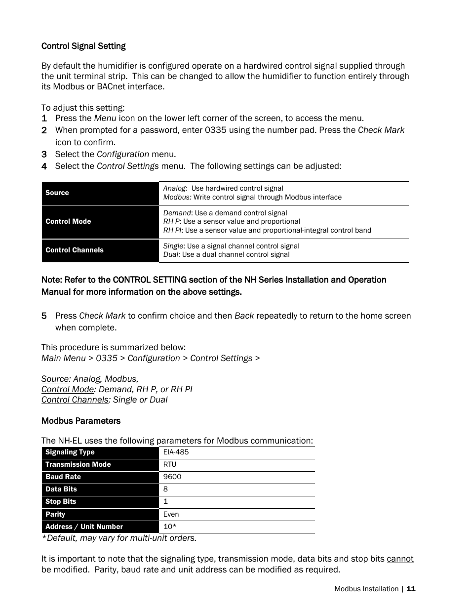 Control signal setting, Modbus parameters | Nortec Modbus User Manual | Page 14 / 52