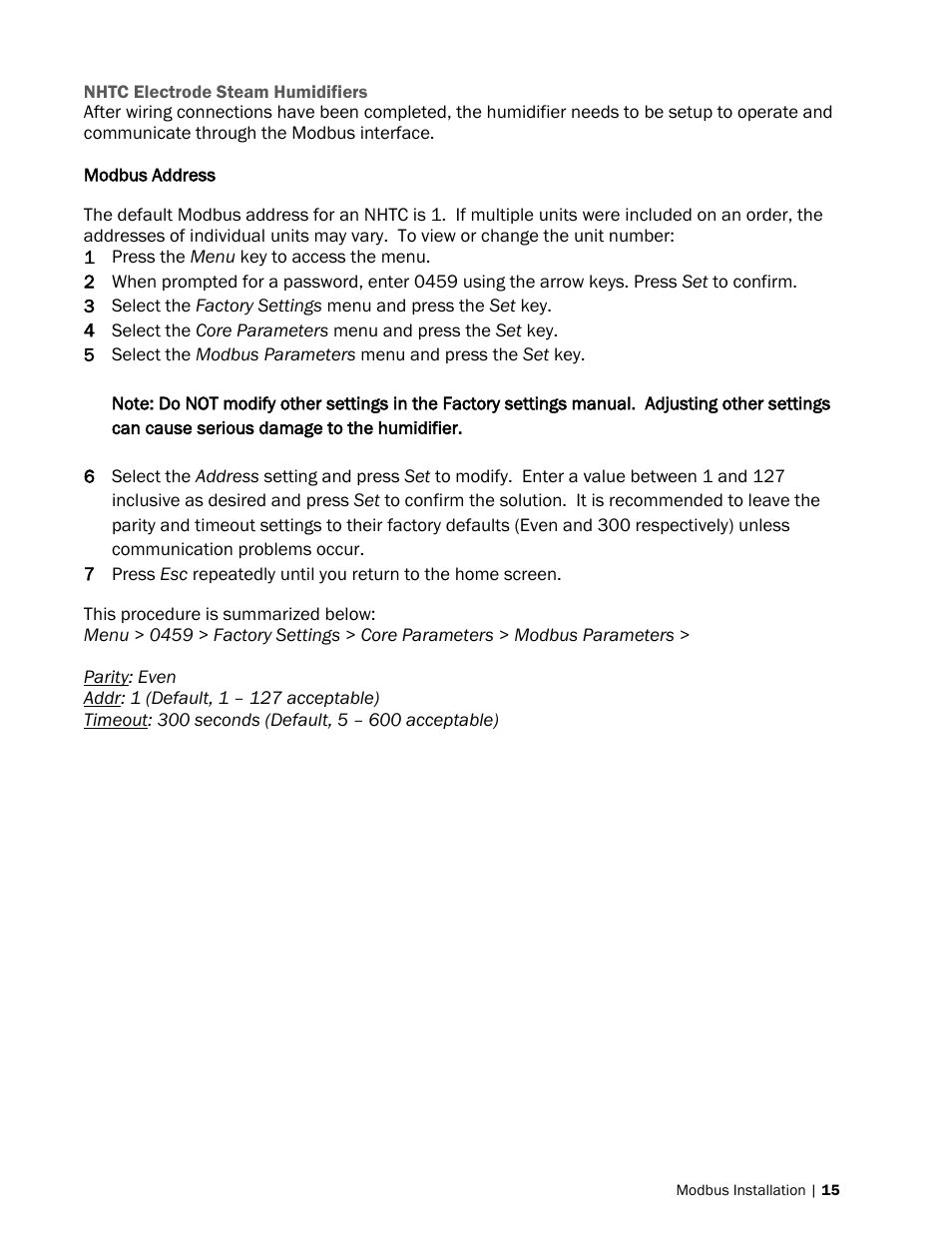 Nhtc electrode steam humidifiers, Modbus address | Nortec Modbus User Manual | Page 18 / 52