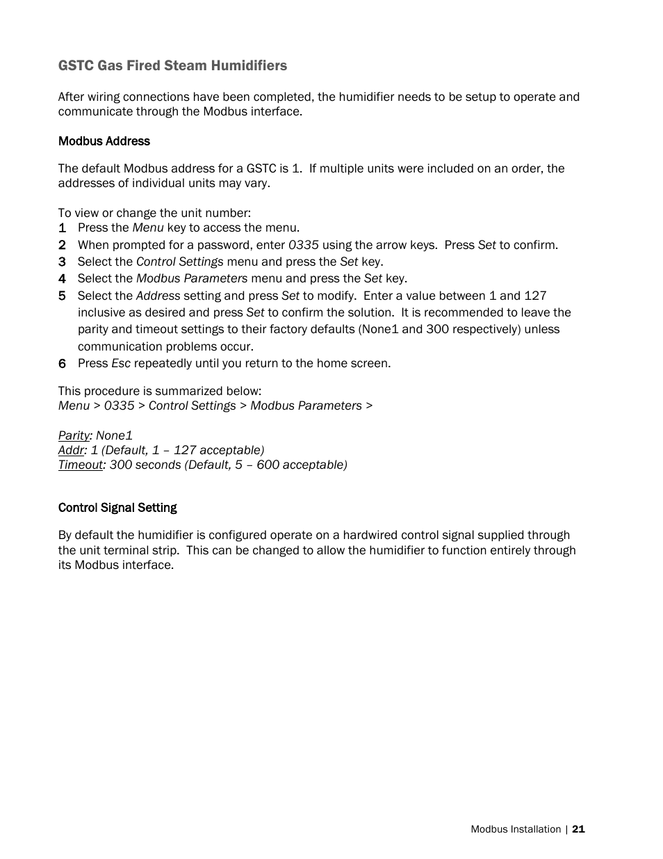 Modbus address, Control signal setting | Nortec Modbus User Manual | Page 24 / 52