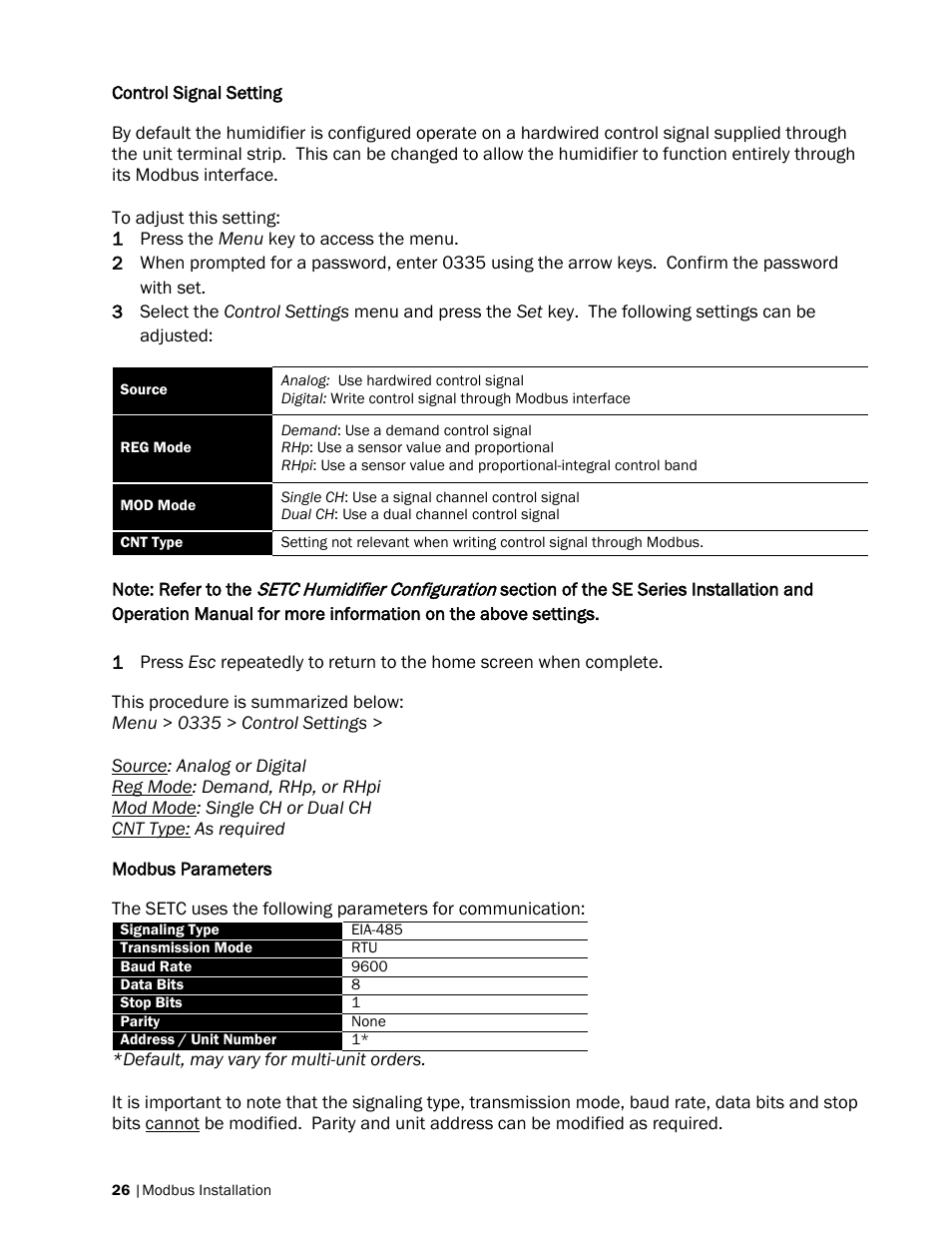 Control signal setting, Modbus parameters | Nortec Modbus User Manual | Page 29 / 52