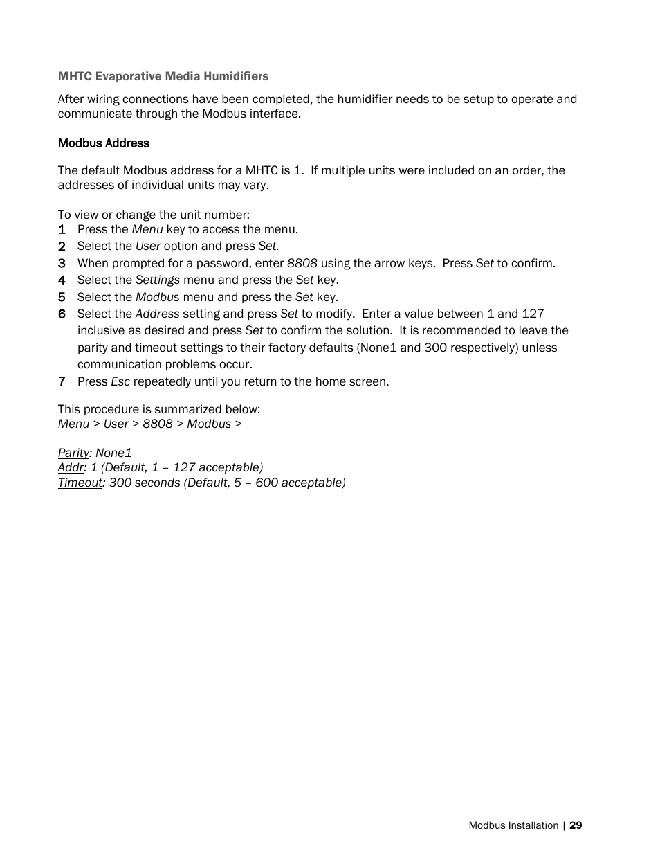 Mhtc evaporative media humidifiers, Modbus address | Nortec Modbus User Manual | Page 32 / 52