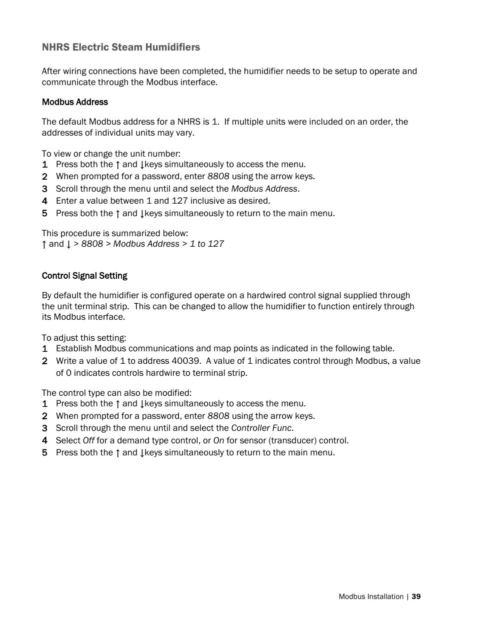 Modbus address, Control signal setting | Nortec Modbus User Manual | Page 42 / 52