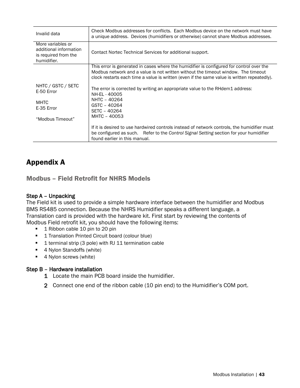 Appendix a, Modbus – field retrofit for nhrs models | Nortec Modbus User Manual | Page 46 / 52