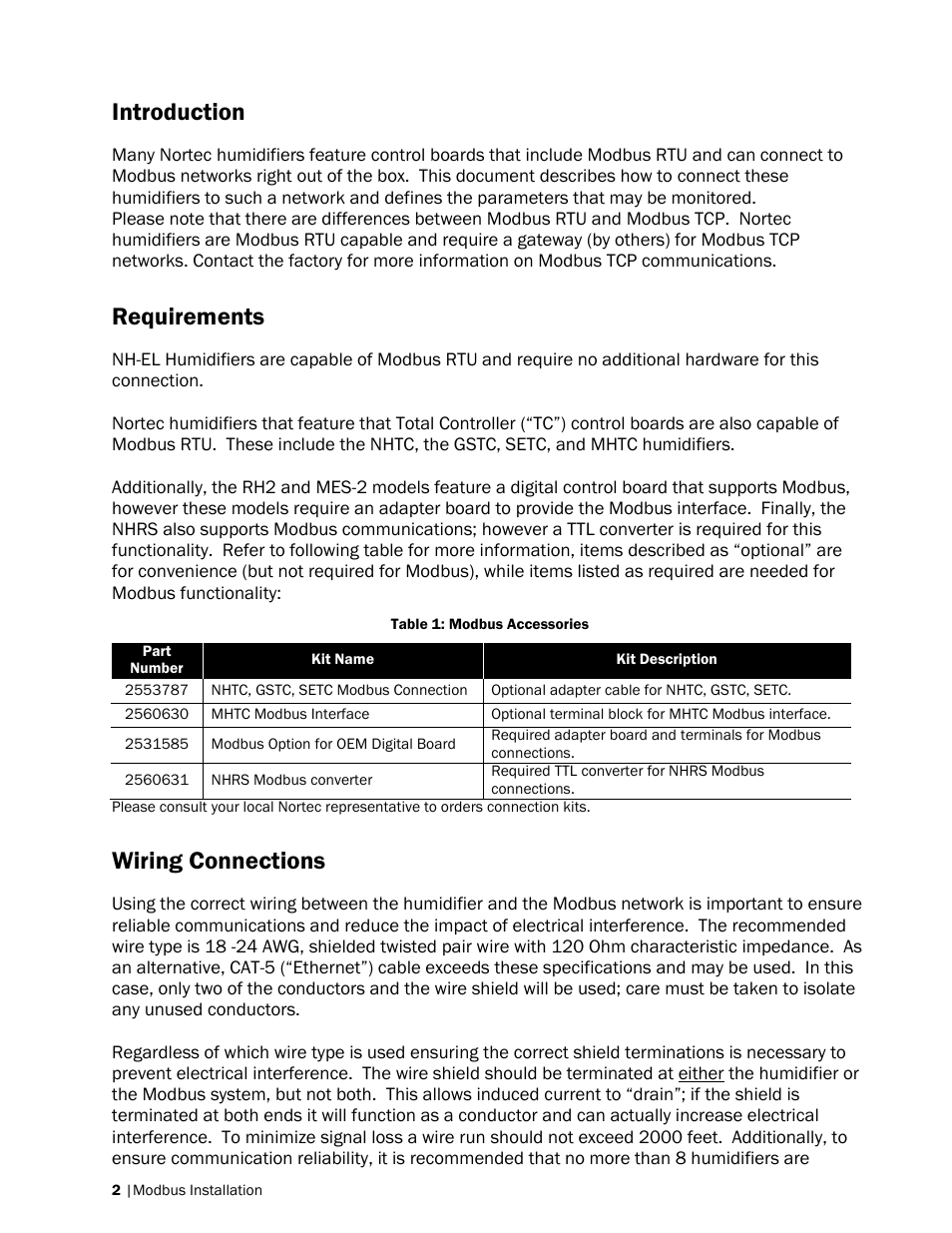 Introduction, Requirements, Wiring connections | Nortec Modbus User Manual | Page 5 / 52