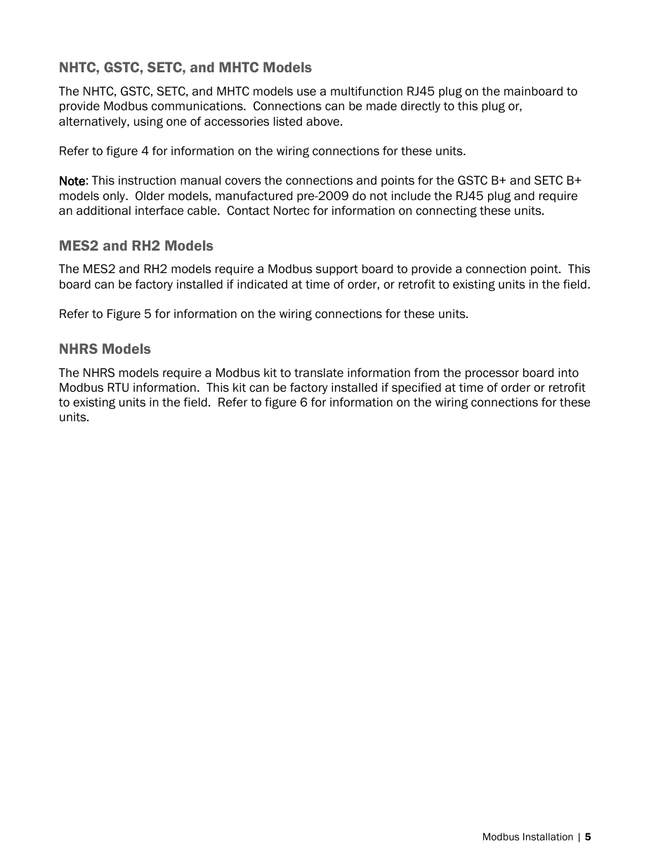 Nhtc, gstc, setc, and mhtc models, Mes2 and rh2 models, Nhrs models | Nortec Modbus User Manual | Page 8 / 52