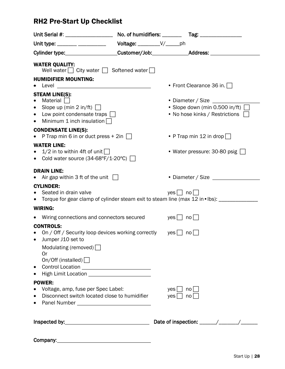 Rh2 pre-start up checklist | Nortec RH2+ User Manual | Page 31 / 62