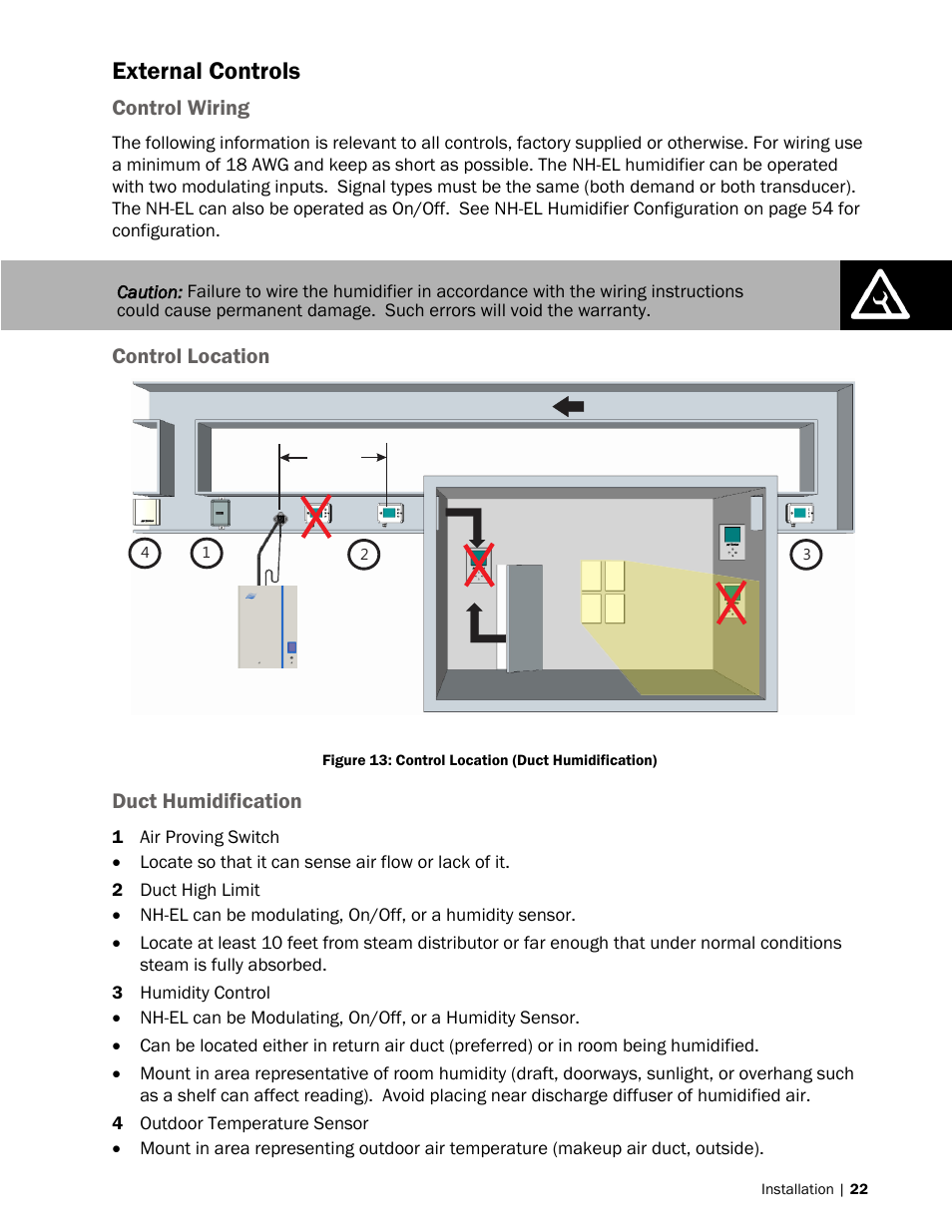 Pg 22, External controls, Control wiring | Control location, Duct humidification | Nortec NH-EL Series User Manual | Page 25 / 99