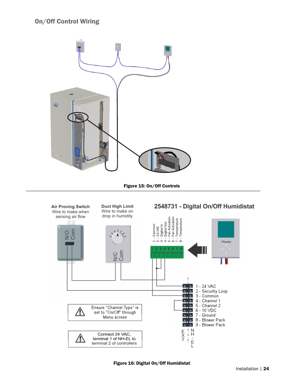 On/off control wiring, Installation | 24, Figure 15: on/off controls | Nortec NH-EL Series User Manual | Page 27 / 99