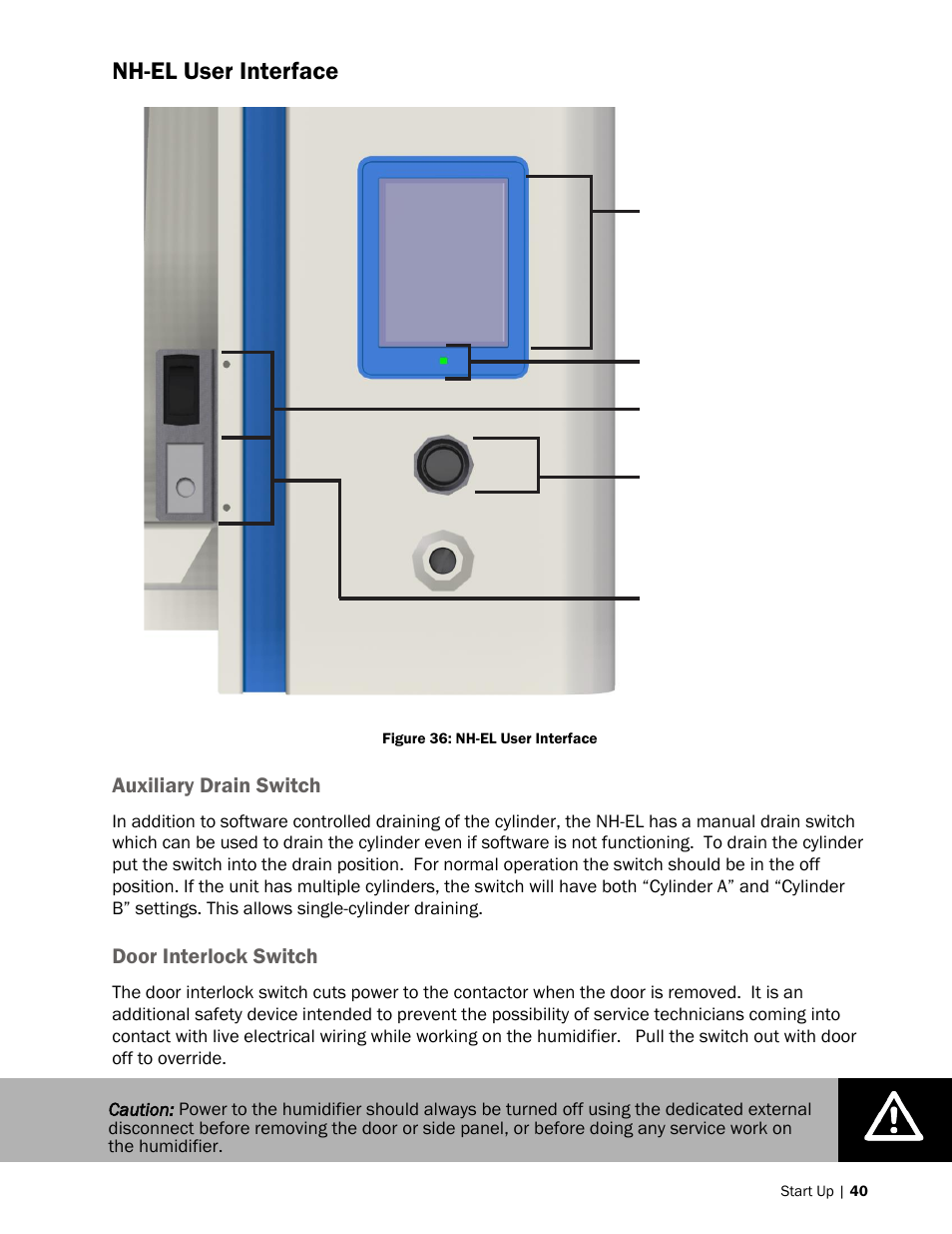 40 nh-el user interface, 40 auxiliary drain switch, 40 door interlock switch | Nh-el user interface, Auxiliary drain switch, Door interlock switch | Nortec NH-EL Series User Manual | Page 43 / 99