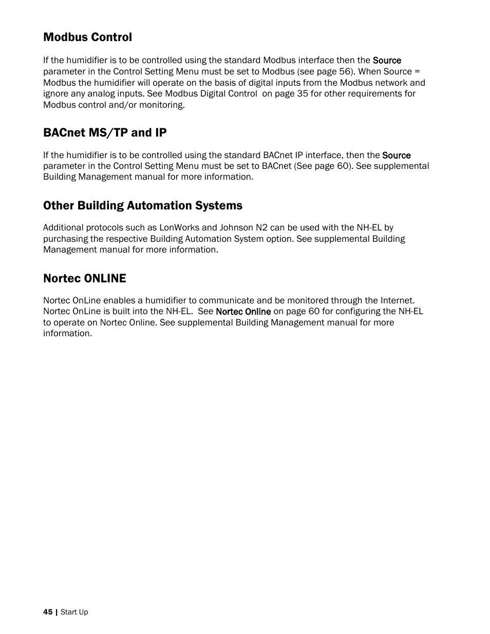 Modbus control, Bacnet ms/tp and ip, Other building automation systems | Nortec online | Nortec NH-EL Series User Manual | Page 48 / 99