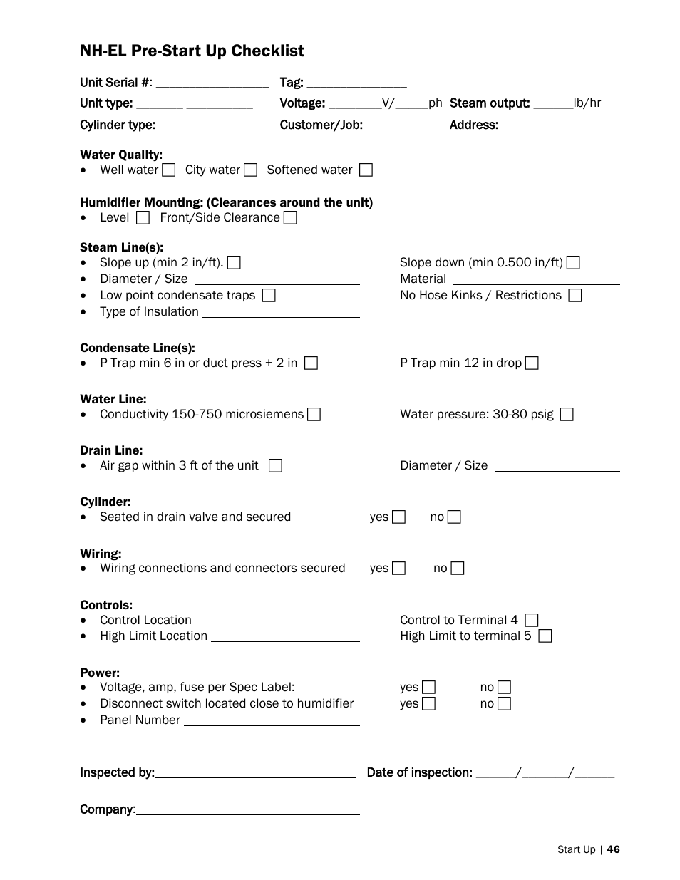 46 nh-el pre-start up checklist, Nh-el pre-start up checklist | Nortec NH-EL Series User Manual | Page 49 / 99