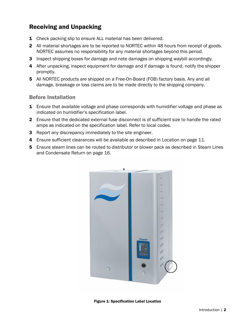 Receiving and unpacking | Nortec NH-EL Series User Manual | Page 5 / 99