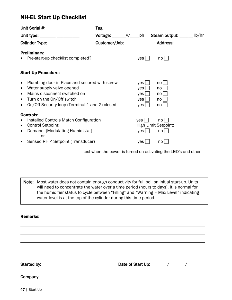 47 nh-el start up checklist, Nh-el start up checklist | Nortec NH-EL Series User Manual | Page 50 / 99