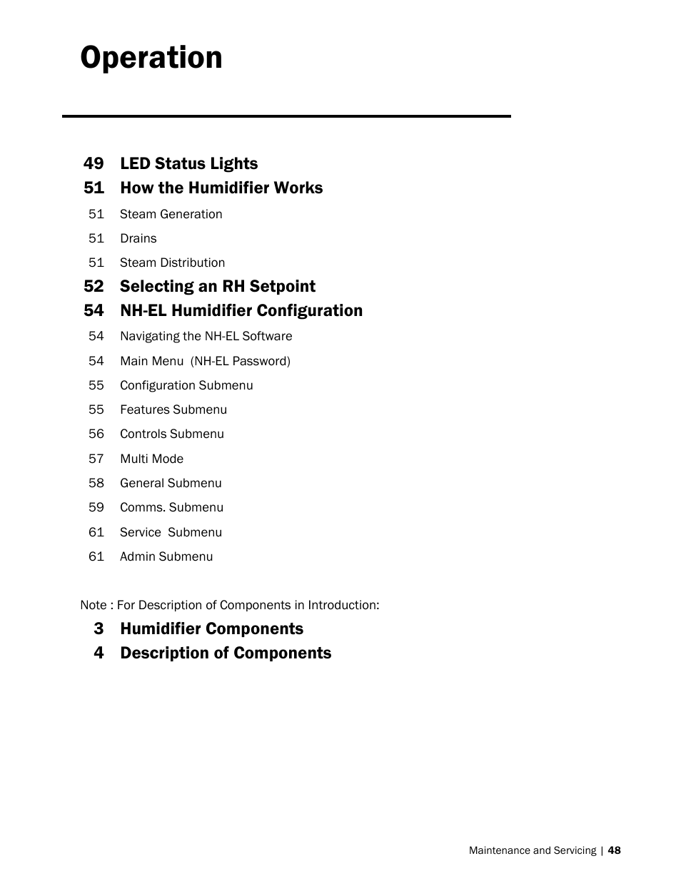 Operation, 49 led status lights 51 how the humidifier works | Nortec NH-EL Series User Manual | Page 51 / 99