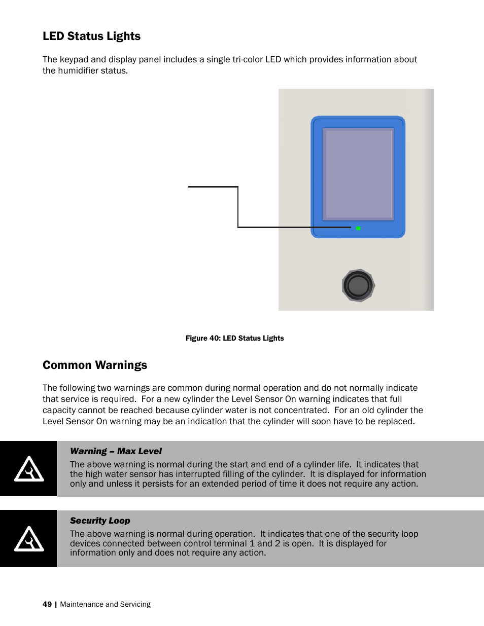 49 led status lights, Led status lights, Common warnings | Nortec NH-EL Series User Manual | Page 52 / 99