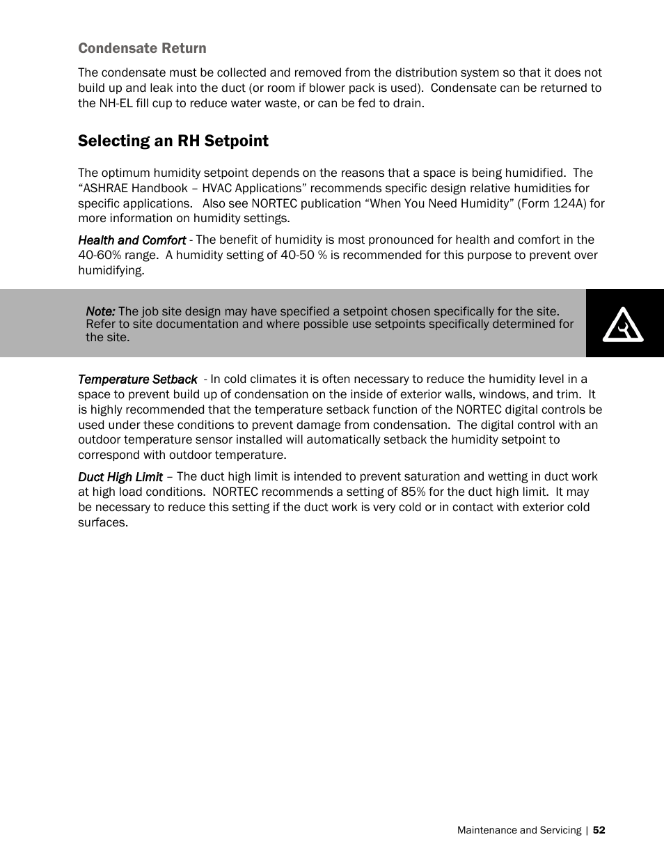 52 selecting an rh setpoint, Selecting an rh setpoint | Nortec NH-EL Series User Manual | Page 55 / 99