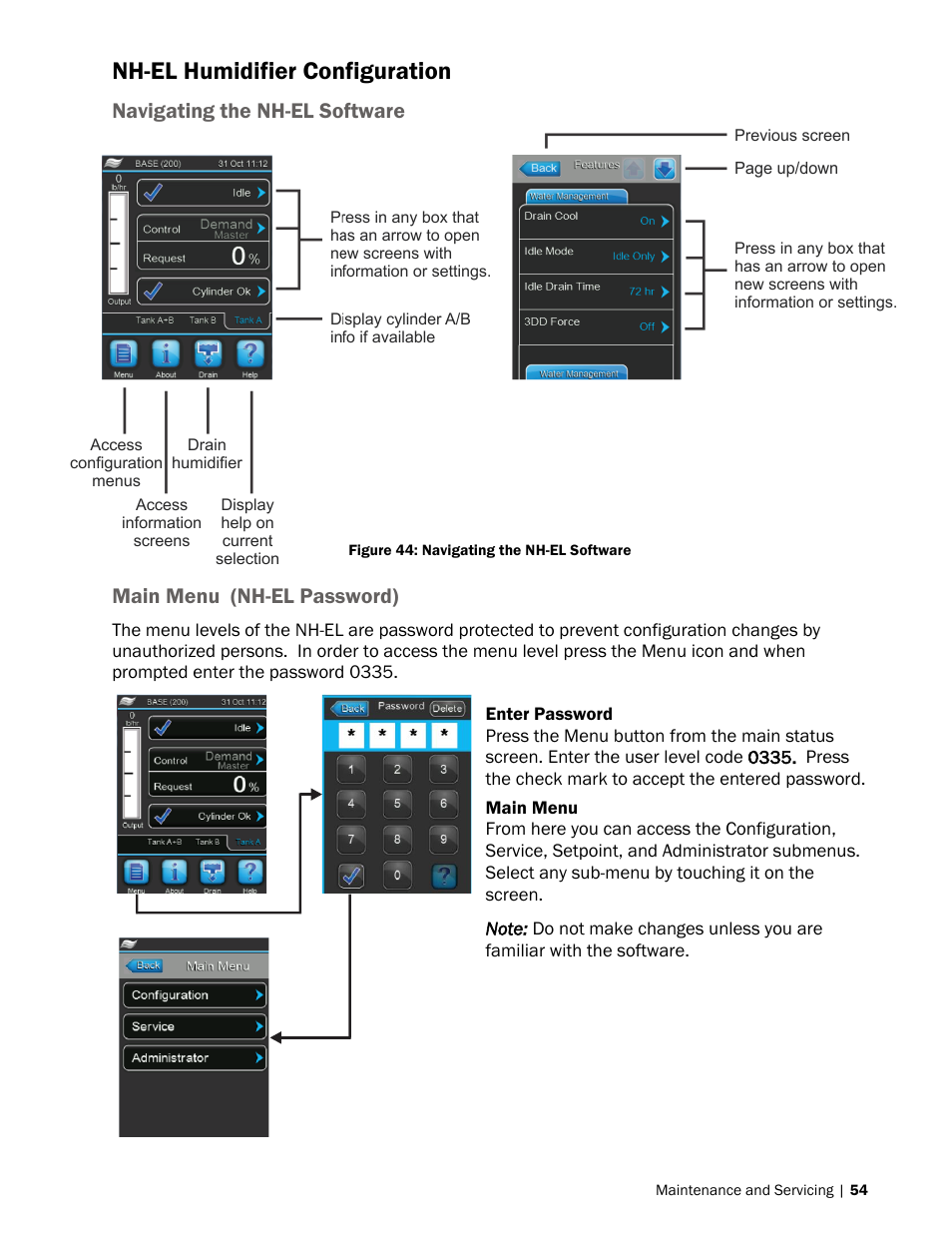 Ee nh-el humidifier configuration, Age 54), 54 nh-el humidifier configuration | 54 navigating the nh-el software, 54 main menu (nh-el password), Nh-el humidifier configuration | Nortec NH-EL Series User Manual | Page 57 / 99