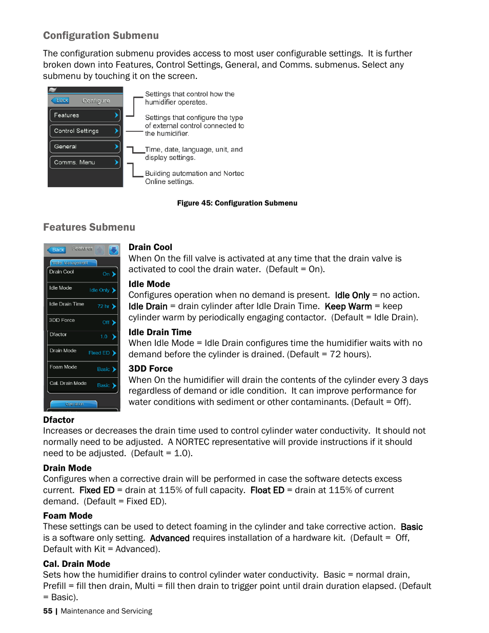 55 configuration submenu, 55 features submenu | Nortec NH-EL Series User Manual | Page 58 / 99