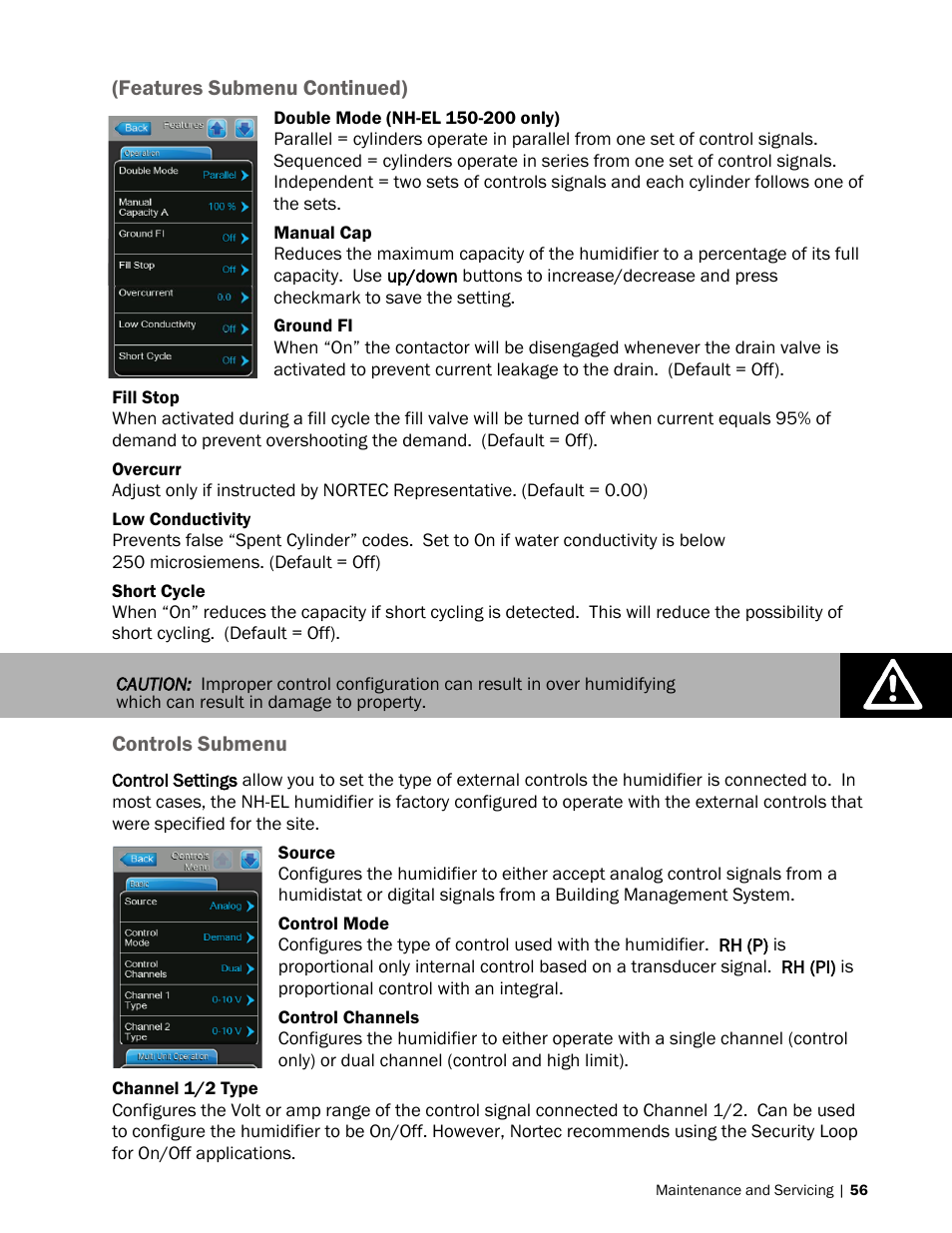 Ee double mode (nh-el 150- 200 only), Age 56, 56 controls submenu | Features submenu continued), Controls submenu | Nortec NH-EL Series User Manual | Page 59 / 99