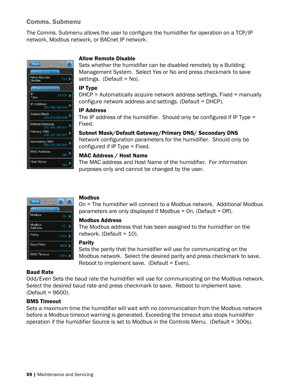 59 comms. submenu | Nortec NH-EL Series User Manual | Page 62 / 99