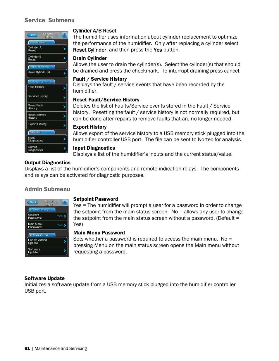 61 service submenu, 61 admin submenu | Nortec NH-EL Series User Manual | Page 64 / 99