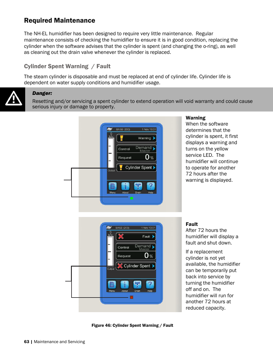 Required maintenance, 63 cylinder spent warning / fault, Cylinder spent warning / fault | Nortec NH-EL Series User Manual | Page 66 / 99