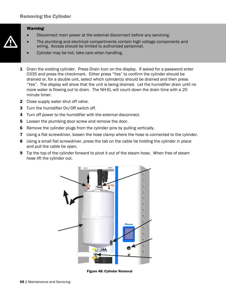 65 removing the cylinder, Removing the cylinder | Nortec NH-EL Series User Manual | Page 68 / 99