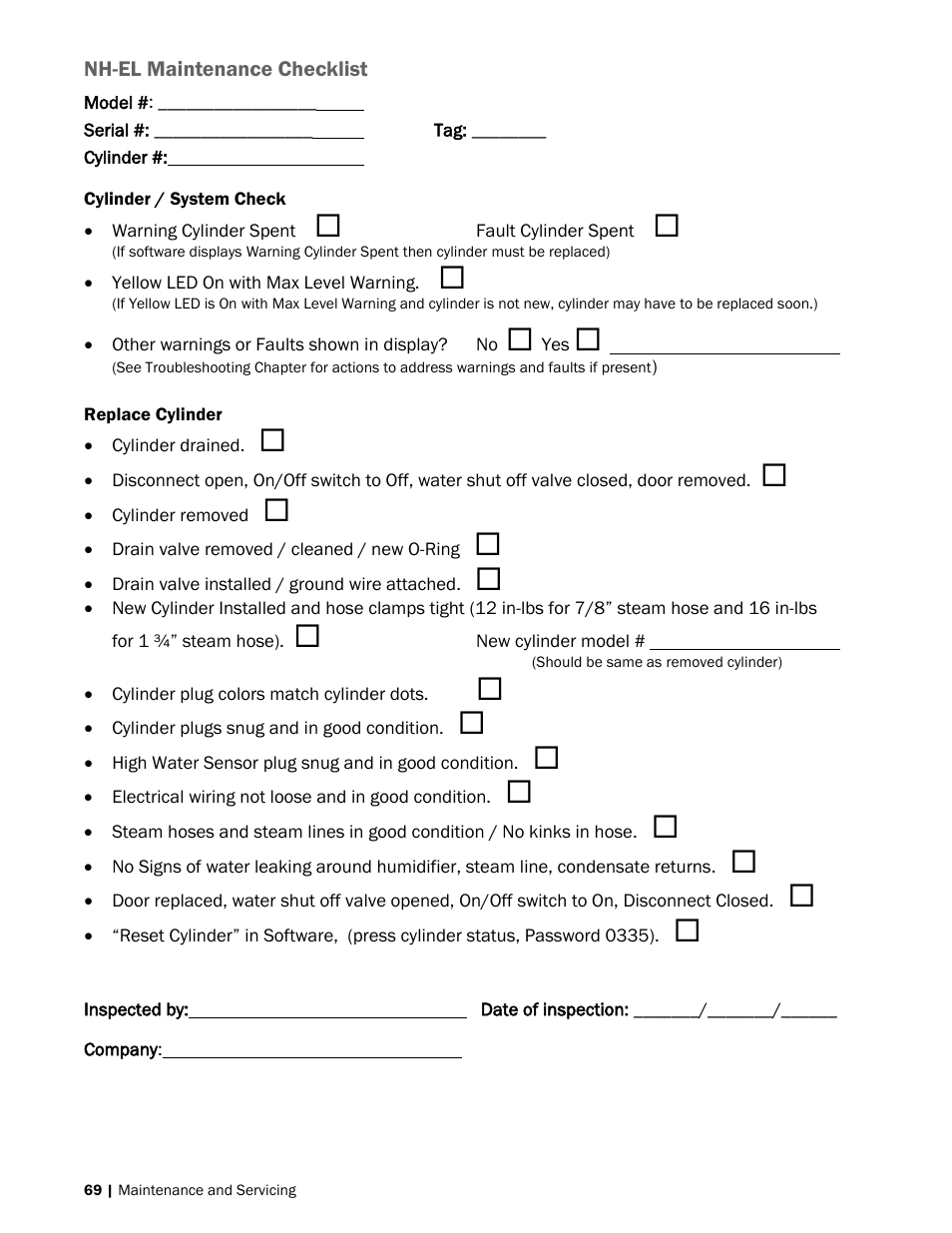 69 nh-el maintenance checklist | Nortec NH-EL Series User Manual | Page 72 / 99