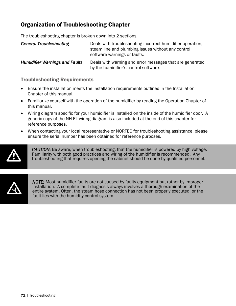 71 organization of troubleshooting chapter, 71 troubleshooting requirements, Organization of troubleshooting chapter | Nortec NH-EL Series User Manual | Page 74 / 99