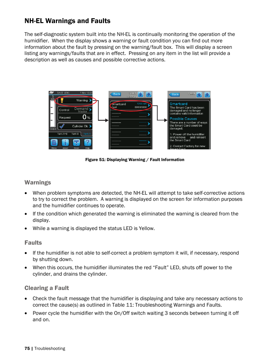 75 nh-el warnings and faults, 75 warnings, 75 faults | 75 clearing a fault, Nh-el warnings and faults | Nortec NH-EL Series User Manual | Page 78 / 99