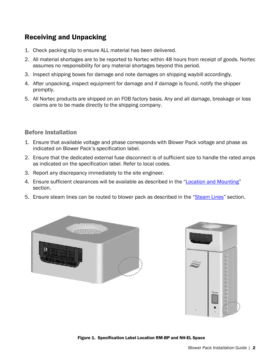 Receiving and unpacking, Before installation | Nortec Blower Packs User Manual | Page 5 / 31