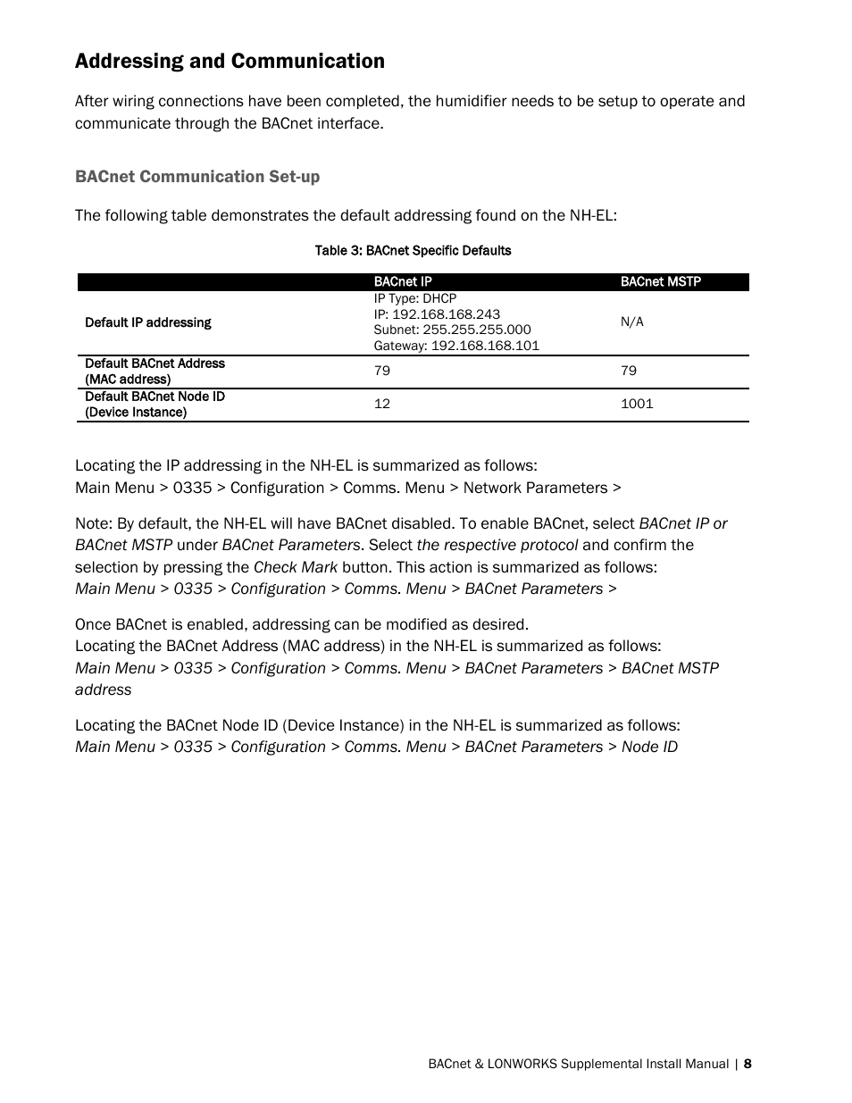 Addressing and communication, Bacnet communication set-up | Nortec BACnet User Manual | Page 12 / 36