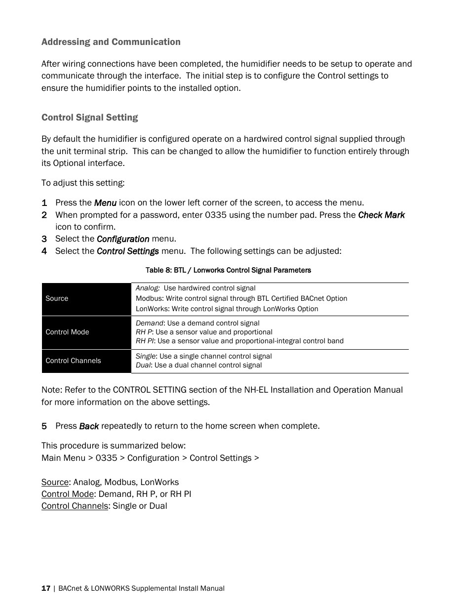 Addressing and communication, Control signal setting | Nortec BACnet User Manual | Page 21 / 36