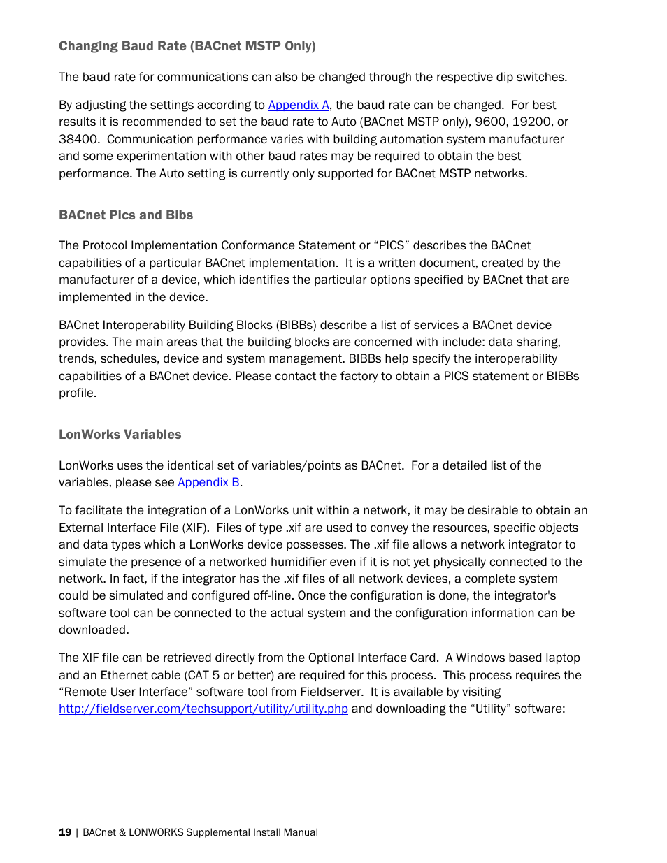 Changing baud rate (bacnet mstp only), Bacnet pics and bibs, Lonworks variables | Nortec BACnet User Manual | Page 23 / 36