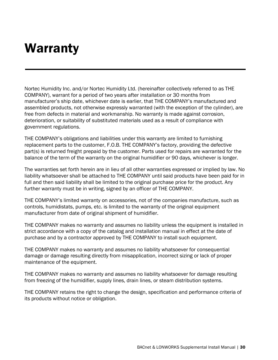 Warranty | Nortec BACnet User Manual | Page 34 / 36