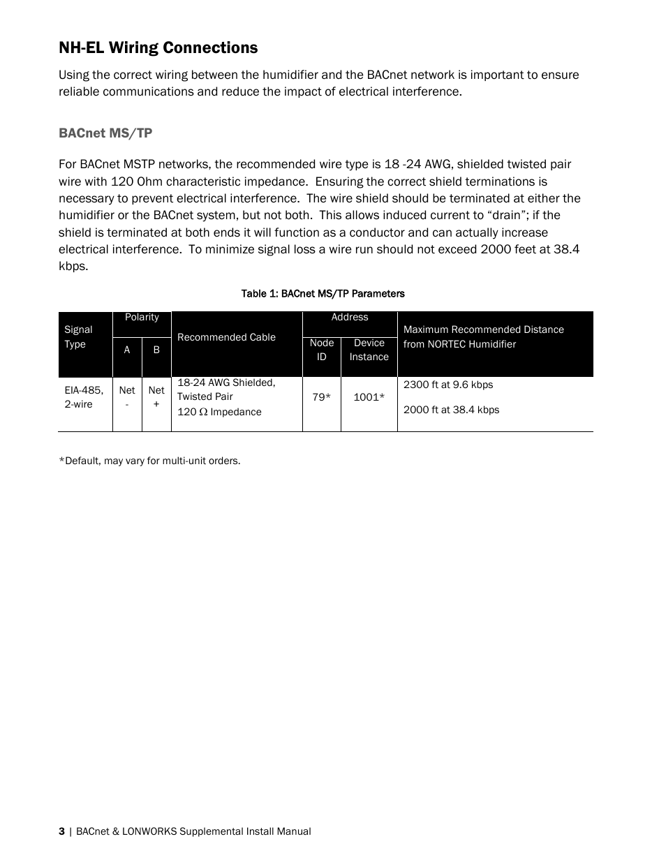 Nh-el wiring connections, Bacnet ms/tp | Nortec BACnet User Manual | Page 7 / 36