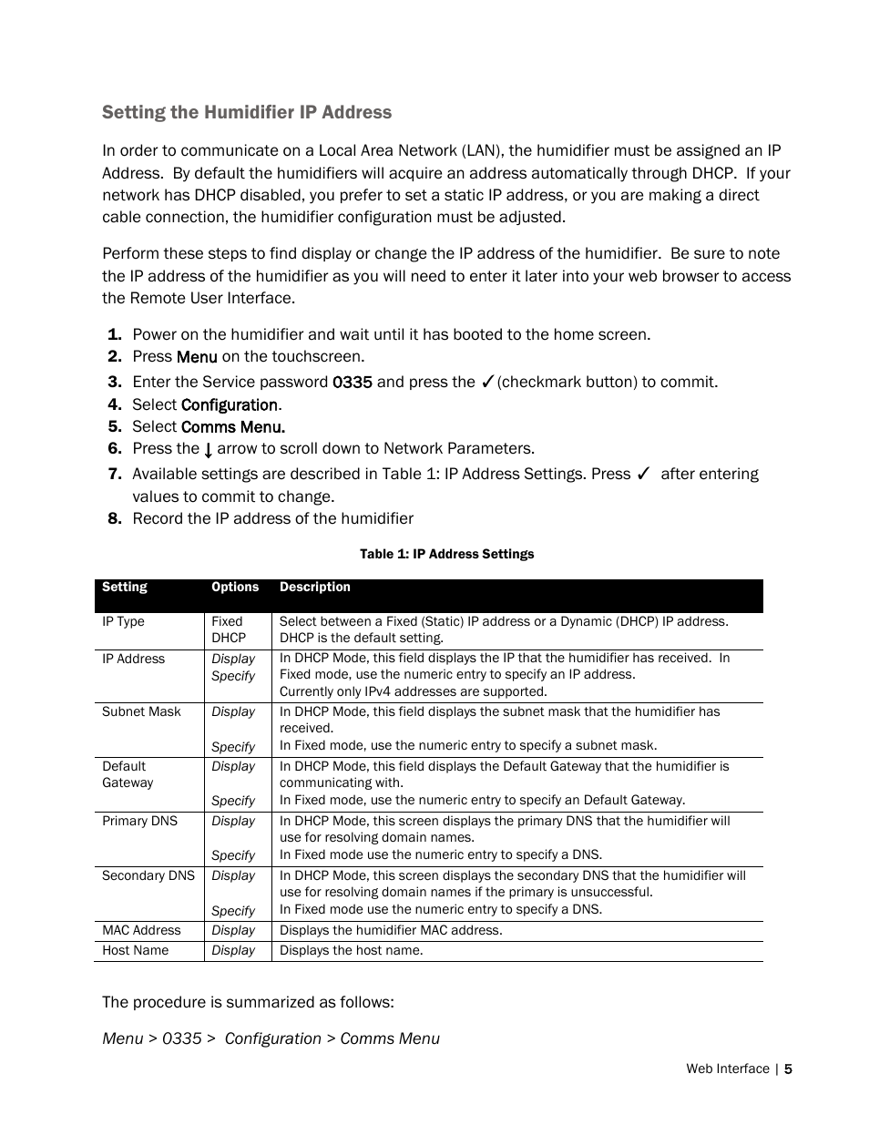 Setting the humidifier ip address | Nortec Remote Interface User Manual | Page 9 / 34