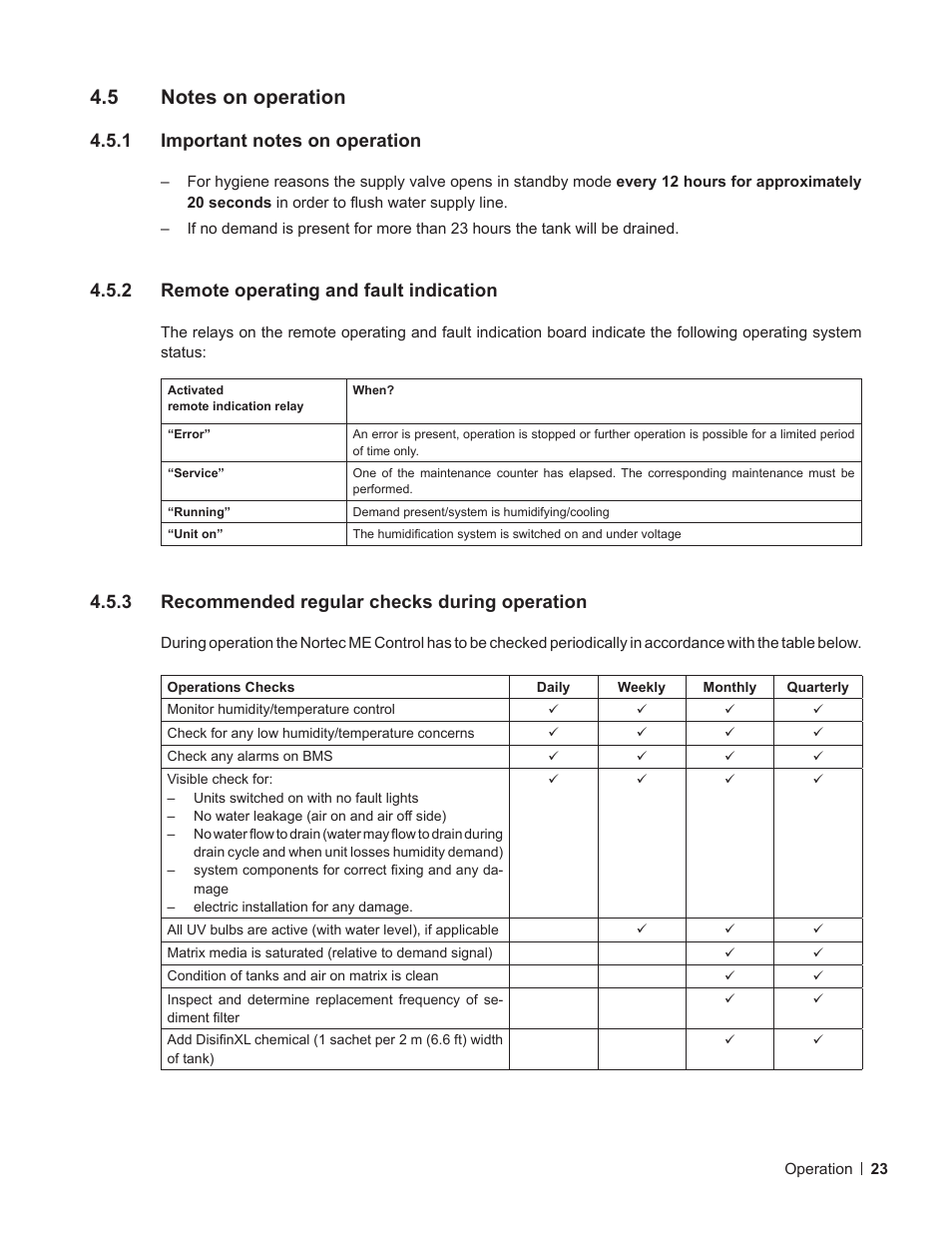 5 notes on operation, 1 important notes on operation, 2 remote operating and fault indication | 3 recommended regular checks during operation, Notes on operation, Important notes on operation, Remote operating and fault indication, Recommended regular checks during operation | Nortec ME Control User Manual | Page 23 / 76