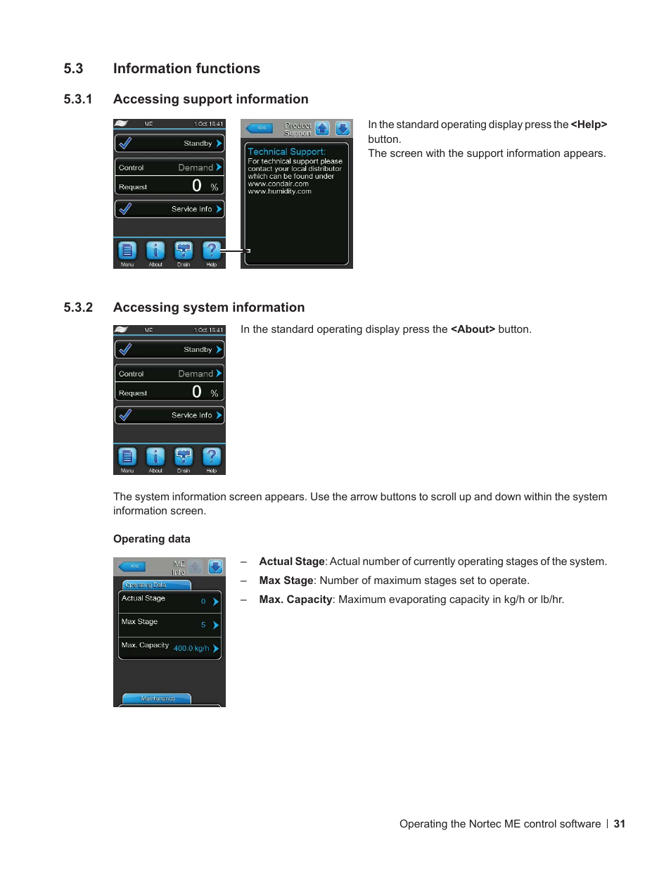 3 information functions, 1 accessing support information, 2 accessing system information | Information functions, Accessing support information, Accessing system information | Nortec ME Control User Manual | Page 31 / 76