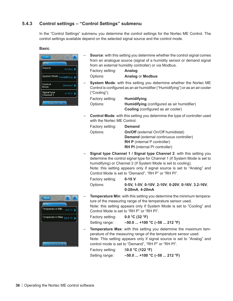 3 control settings – “control settings” submenu, Control settings – “control settings” submenu | Nortec ME Control User Manual | Page 36 / 76