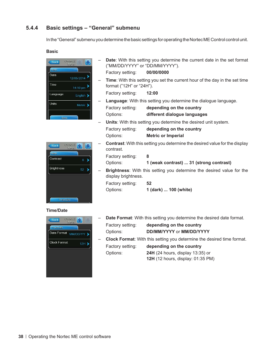 4 basic settings – “general” submenu, Basic settings – “general” submenu | Nortec ME Control User Manual | Page 38 / 76